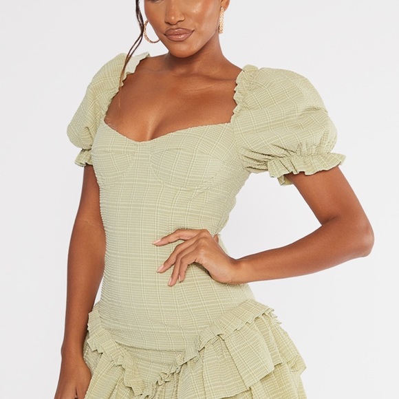 PrettyLittleThing Dresses & Skirts - Green textured, puff sleeve frill skirt bodycon dress